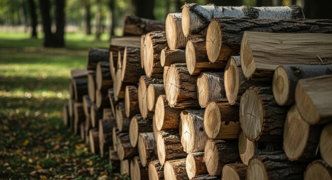 Stack of wood logs with visible tree rings in a park, representing nature resource and forest logging for firewood or construction material.