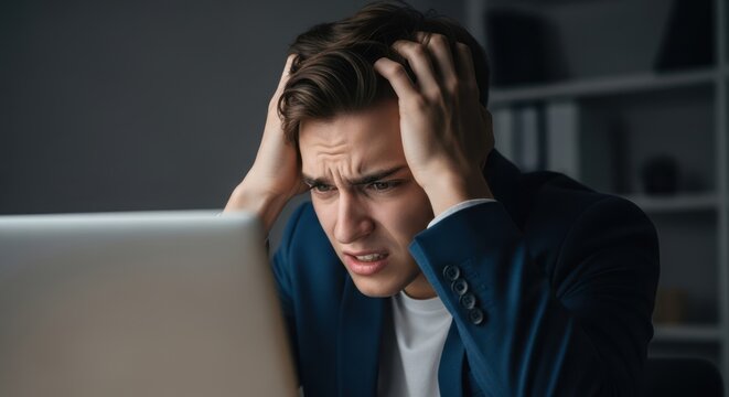 Stressed male manager holding head in frustration while looking at laptop. Overwhelmed employee experiencing burnout, job stress.