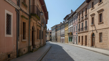 Fototapeta premium Quiet cobblestone street lined with historic buildings, blue sky.