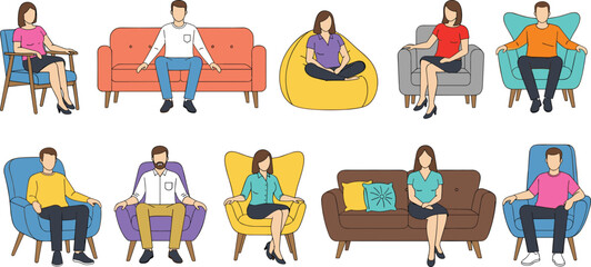 Set of diverse people sitting on various sofas and armchairs, men and women relaxing, flat vector illustration collection.
