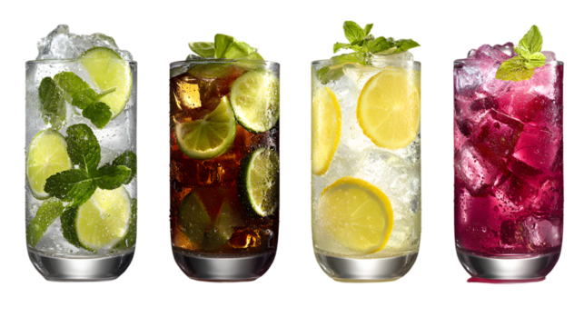 Refreshing colorful summer cocktails with ice cubes and citrus fruits display