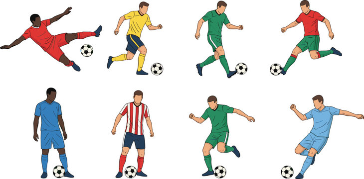 Set of diverse soccer players in action poses kicking and dribbling football, colorful team jerseys, flat vector illustration.