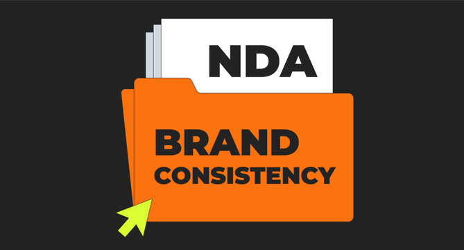 Brand consistency folder with NDA 2D illustration concept. Branding strategy. Confidential business files. Content management cartoon conceptual abstract vector art. Flat metaphor on black background