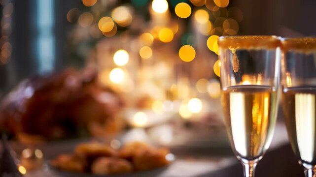 Elegant holiday dining scene featuring a golden roasted turkey centerpiece, warm candlelight, crystal glasses, and a festive spread on a richly set table for a celebratory feast