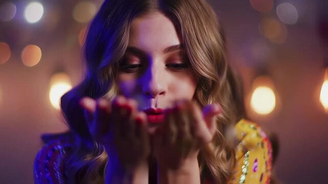 Close-up of woman blowing confetti