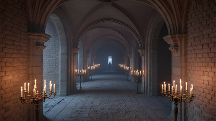 Eerie medieval stone arched corridor glowing with many candles