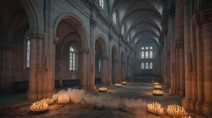 Obraz premium Grand church interior with lit candles and subtle rising smoke