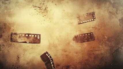 Vintage sepia textured background with scattered film strips and grainy cinema motif, perfect for retro film, photography projects, design inspiration, and creative media branding