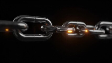 Metal chain links glowing in dark; connection, strength, security idea