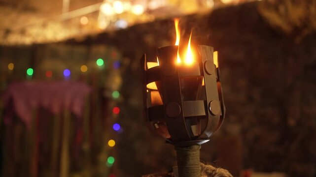 Glowing torch at night in medieval market