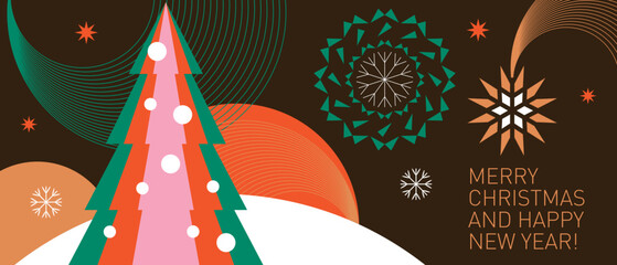 Christmas decoration, horizontal christmas banner with snowflakes, christmas stars, tree and decorative geometric elements