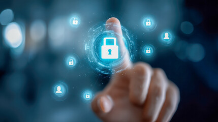 Person interacting with digital security interface featuring glowing padlock icons symbolizing data protection and cybersecurity in a futuristic environment