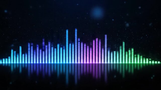Colorful equalizer bars with reflection on black, sparkly background