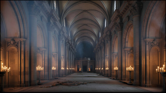 Ancient sacred cathedral interior with atmospheric candlelight - Powered by Adobe