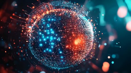 Futuristic data sphere with interconnected glowing nodes and digital networks in blue and orange tones, illustrating technology, AI, data analytics, and global connectivity - Powered by Adobe