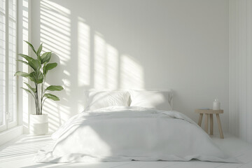 A minimalist bedroom interior with clean white linens, soft morning light, peaceful