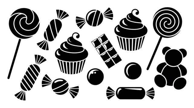 A black and white silhouette illustration of various candy and dessert items arranged on a white background.