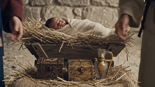 Man laying gift box next to sleeping baby in manger, another man adds more gifts, showing the adoration of the Magi for infant Jesus.