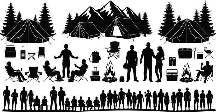 Camping silhouette collection with tents, mountains, trees, people, campfire, outdoor gear and family activities perfect for adventure nature travel vector illustration