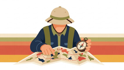 Explorer planning his route using a map and compass in a vintage style, preparing for an adventure with a sense of anticipation and excitement.