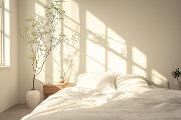 A minimalist bedroom interior with clean white linens, soft morning light, peaceful