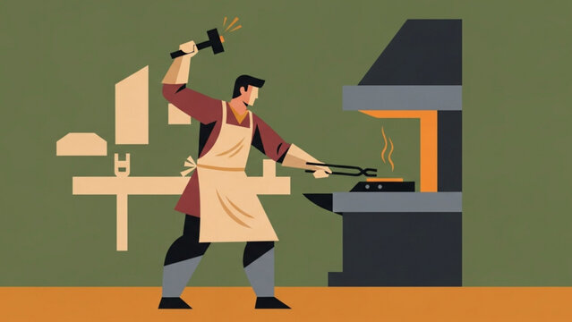 Blacksmith hammering hot metal on anvil in workshop, shaping iron with fire and tools, showcasing traditional craft with focused intensity.