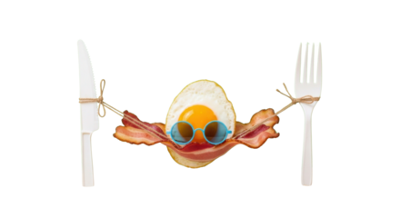 Funny fried egg character relaxing on a bacon hammock for a summer breakfast concept isolated PNG with Transparent Background