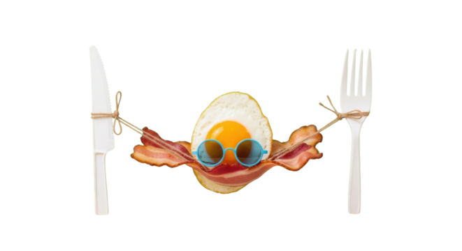 Funny fried egg character relaxing on a bacon hammock for a summer breakfast concept isolated PNG with Transparent Background