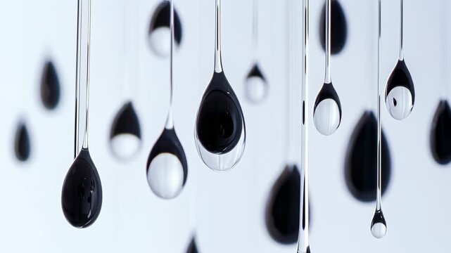 Macro photograph of translucent water droplets suspended on fine threads, creating an abstract pattern of liquid beads against a soft light background with a dreamy, ethereal mood