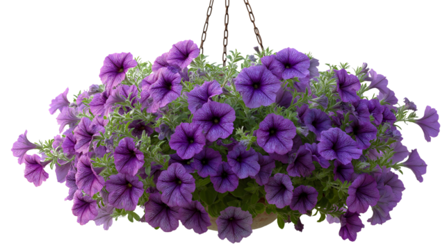 Hanging basket overflowing with trailing deep purple surfinia petunia flowers and green foliage isolated on transparent background.