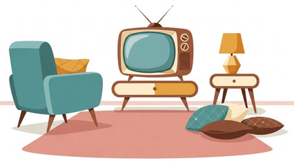 Fototapeta premium Retro living room featuring a vintage television and armchair creates a nostalgic and cozy atmosphere with warm colors and simple furniture, evoking a sense of comfort.