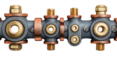 Steampunk industrial metal pipe border with brass copper steel fittings nuts bolts and mechanical details isolated on transparent background. PNG