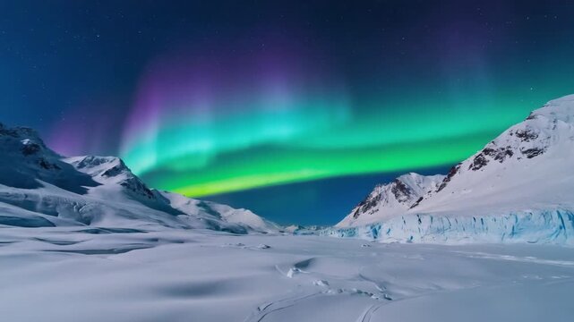 Aurora Borealis Over Snow-Covered Mountains and Glacier in Antarctica northern lights aurora australis
