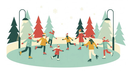 Group of children skating on outdoor ice rink surrounded by snowy pine trees and streetlights during winter season, creating joyful and festive atmosphere.