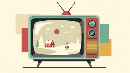 Naklejka premium Vintage television displays snowy landscape scene with house and person during winter season, evoking nostalgic and cozy holiday mood.