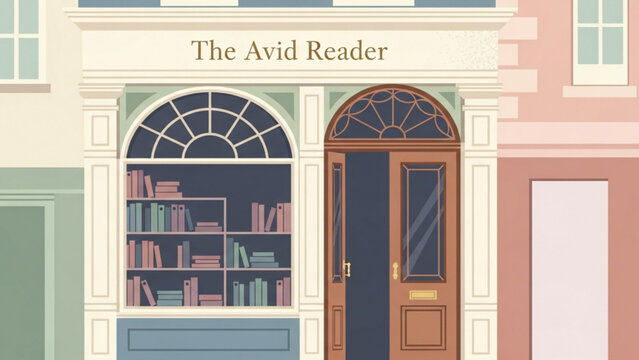 Charming bookstore facade invites readers into a world of literature with its inviting window display and warm, welcoming entrance on a quiet street.