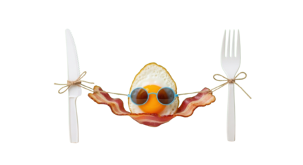 Funny breakfast concept with fried egg relaxing in a bacon hammock wearing sunglasses. isolated PNG with Transparent Background