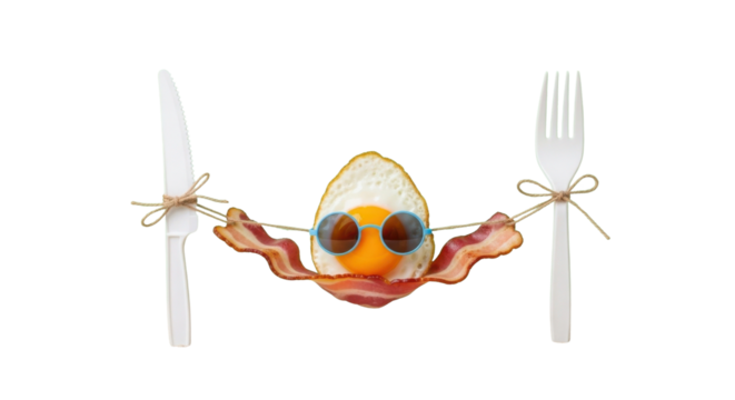 Funny breakfast concept with fried egg relaxing in a bacon hammock wearing sunglasses. isolated PNG with Transparent Background