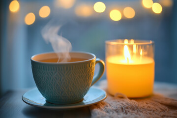 A warm cup of herbal tea with steam rising, next to a lit candle, cozy relaxation