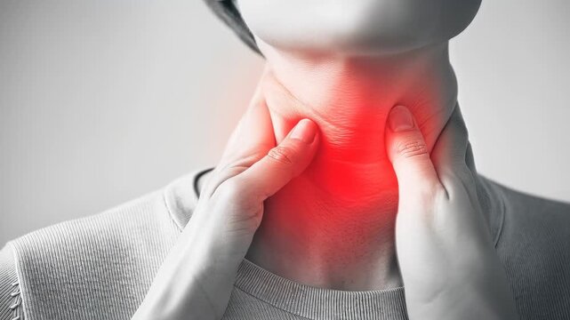 Close-up of a person massaging their neck with a red highlight over the throat, illustrating neck pain, muscle tension, or sore throat in a clinical health and wellness scenario