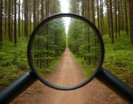 Scenic forest pathway seen through glasses, clarity and perspective concept, road through the forest, creative idea photograhy