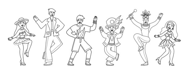 Carnival Dancers Doodle set. Outline Men and Women in in Masquerade costumes. Isolated Hand drawing. Vector Illustration. Festive Party, lively holiday spirit and rhythmic celebration. Not AI