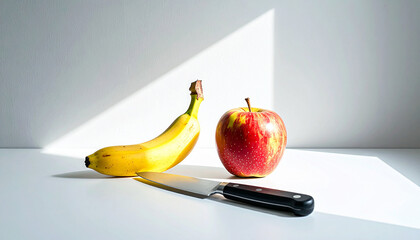 Still life illustration of an apple, banana, and knife, combining simple forms with subtle tension. Ideal for food concepts, editorial use, symbolic themes, and modern graphic design projects.