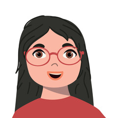 Happy girl wearing glasses in a flat cartoon style. Kawaii vector illustration