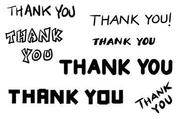 Thank You Text Variety: Hand-Drawn Greetings, Different Fonts, Isolated on White Background, Simple Expressions, Vector Illustration, Transparent.