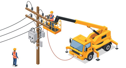 Electricians performing maintenance on overhead power lines with a bucket truck © MD REZAUL KARIM