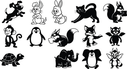 Obraz premium Assortment of Cute Cartoon Animal Silhouettes and Line Art on White Background rabbit squirrel