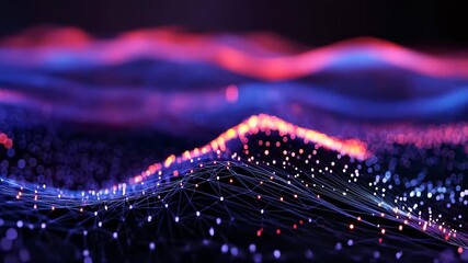 Abstract digital landscape of glowing waveforms and particle dots in deep blue and magenta hues, representing data visualization and futuristic technology concepts - Powered by Adobe