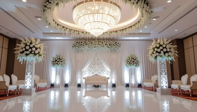 Luxury Pakistani Walima stage with silver florals, chandelier ceiling, and elegant minimal design