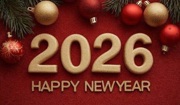 2026 Happy New Year in golden color against red background with Christmas decorations featuring gold letters ornaments and pine branches for new year concept banner design.